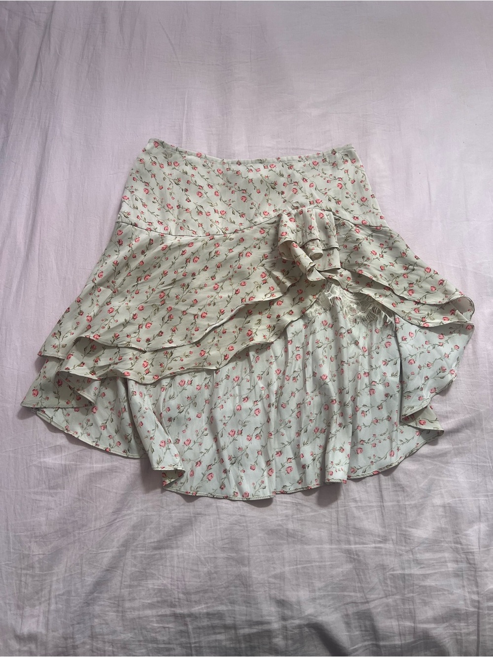 Kimchi Blue Floral Asymmetrical Ruffle Skirt  with Pink Roses
